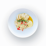 Grilled chicken breast and salmon filet in lemon rosemary sauce with bell pepper rice pilaf and parsnip purée, inspired by French countryside cuisine.