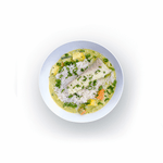 Epicured's Thai Green Curry in a bowl, garnished with cilantro and accompanied by fluffy basmati rice, showcasing a fusion of vibrant vegetables and succulent cod chunks immersed in a creamy coconut-based curry sauce.
